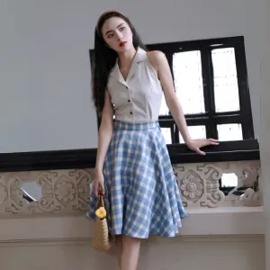 复古法式短款无袖格子上衣/ 格子半身裙赫本风A字裙 Plaid Crop Vintage French Sleeveless Blouse/ Hepburn-Style Gingham A-Line Skirt