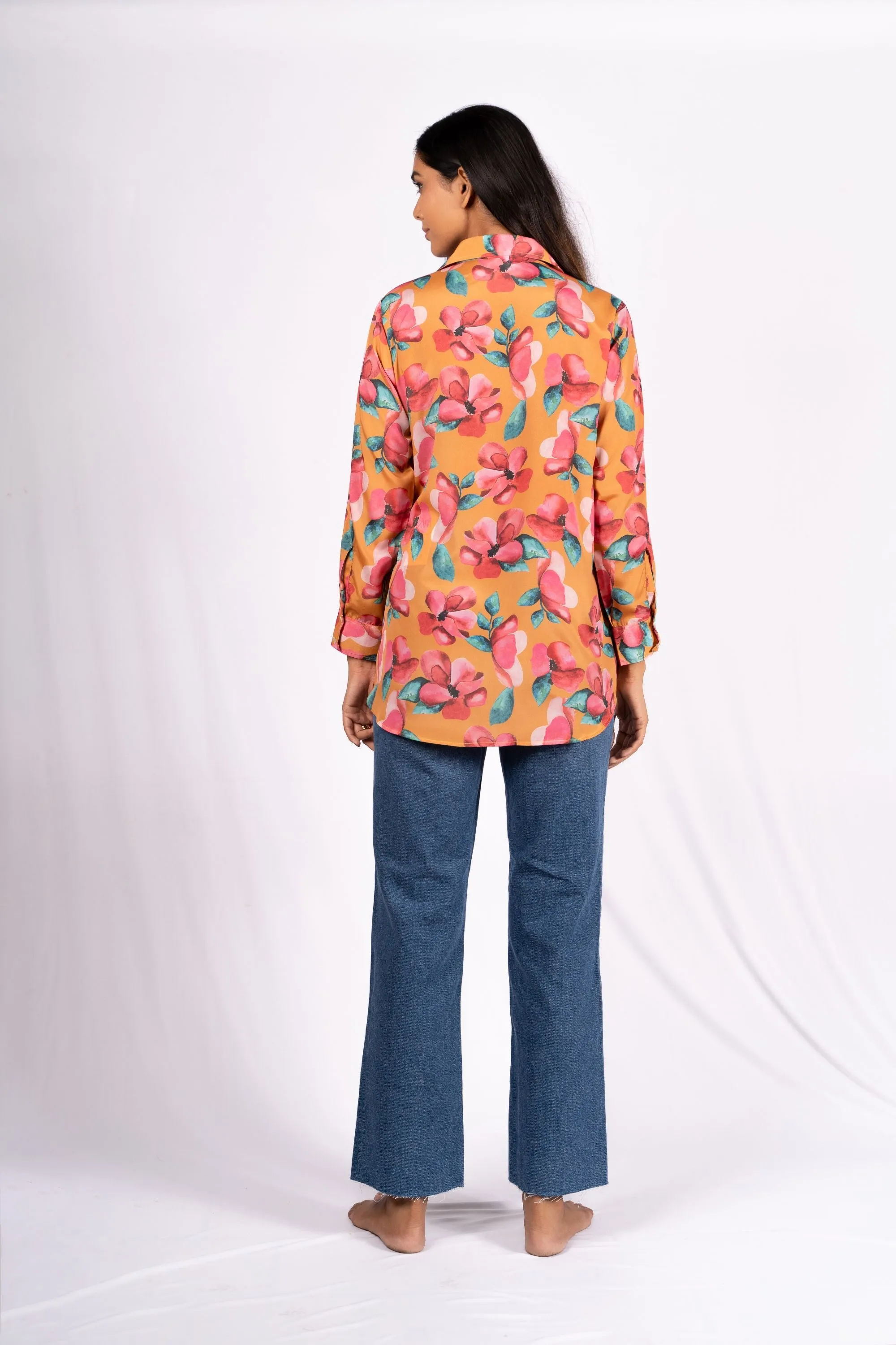 Amalia Floral Mustard Drawstring Crepe Shirt