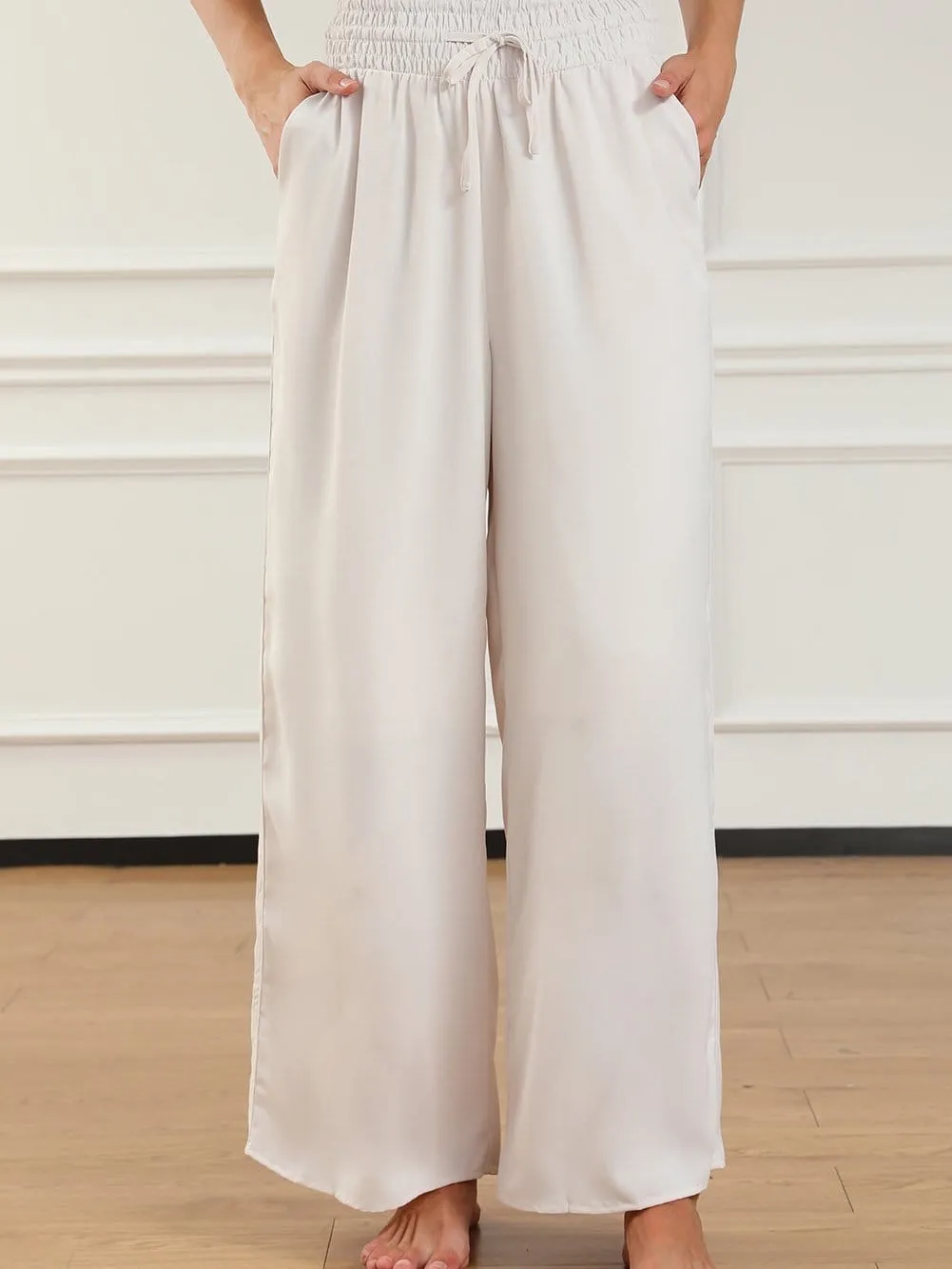 Beige High Waist Smocked Wide Leg Trousers