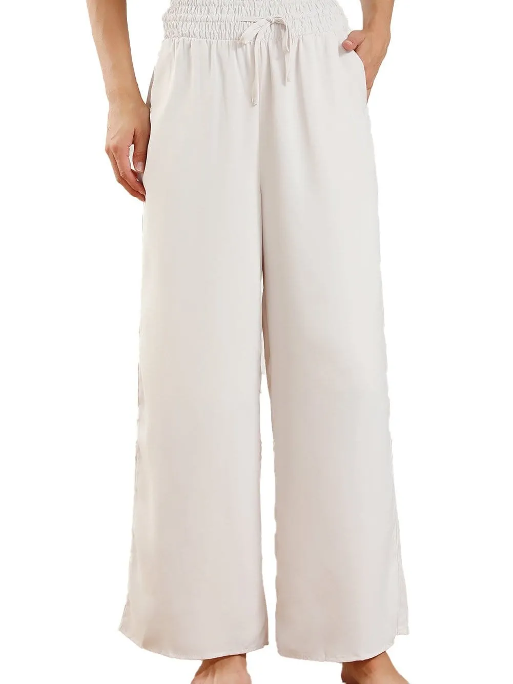 Beige High Waist Smocked Wide Leg Trousers