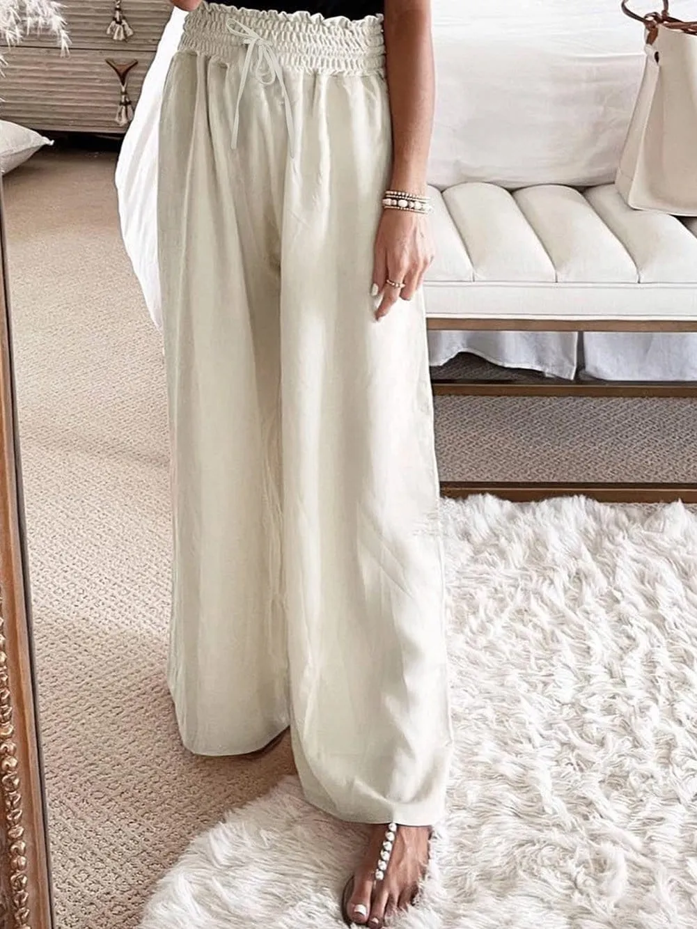 Beige High Waist Smocked Wide Leg Trousers