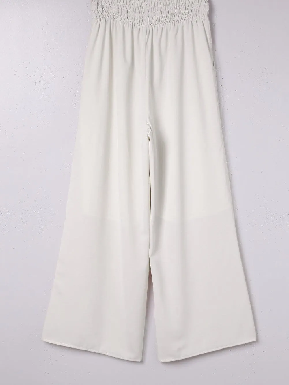 Beige High Waist Smocked Wide Leg Trousers