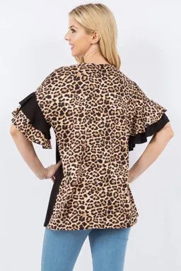 Black & Animal Print Ruffle Sleeve Top - #4640-4646