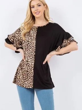 Black & Animal Print Ruffle Sleeve Top - #4640-4646