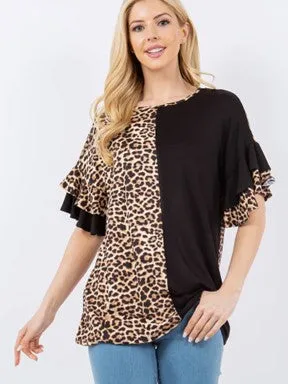 Black & Animal Print Ruffle Sleeve Top - #4640-4646