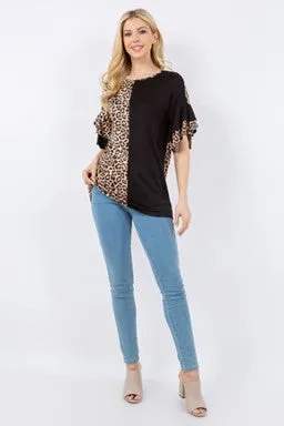 Black & Animal Print Ruffle Sleeve Top - #4640-4646