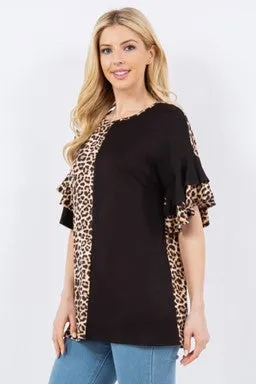 Black & Animal Print Ruffle Sleeve Top - #4640-4646