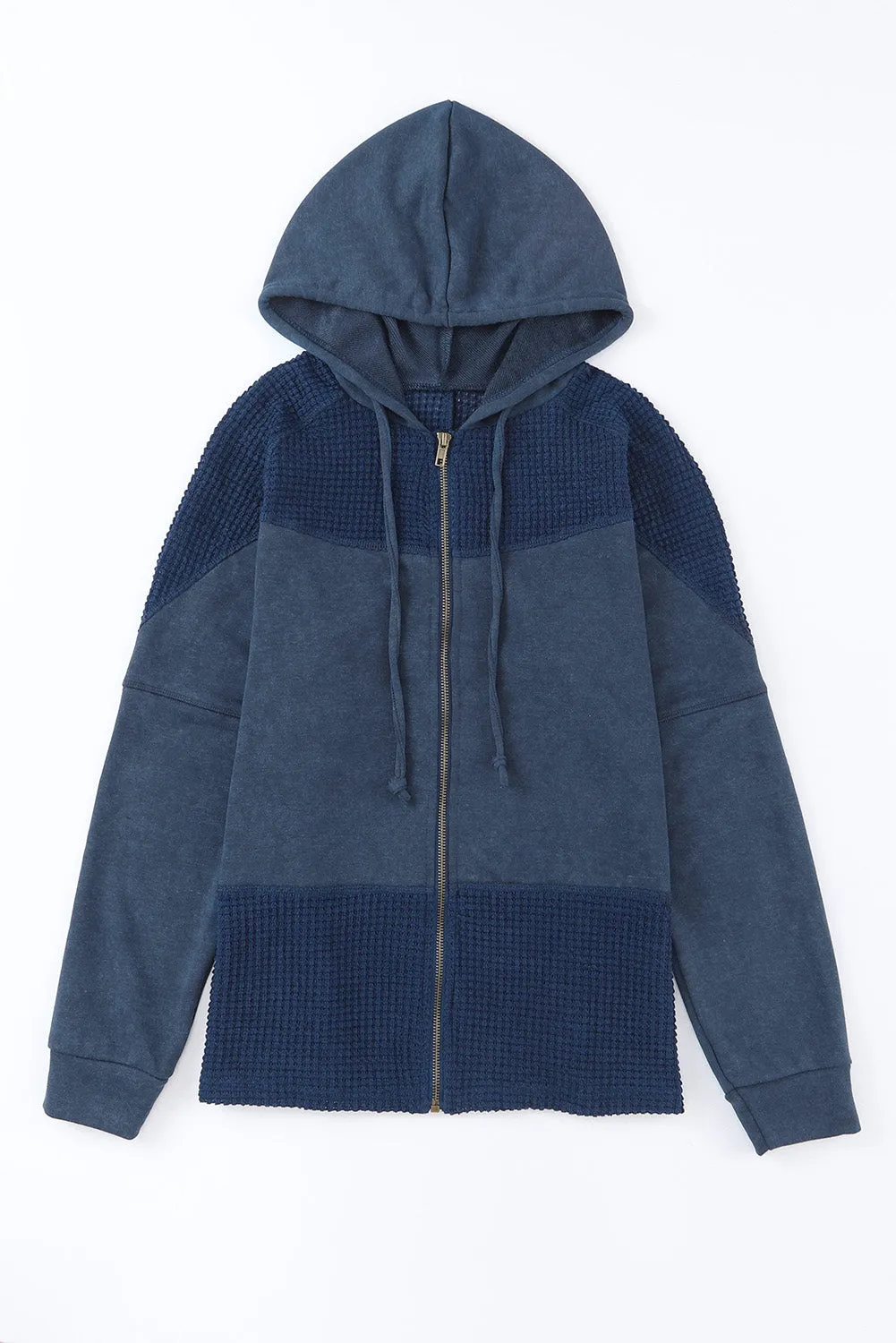 Blue Patchwork Hooded Waffle Knit Jacket for Women