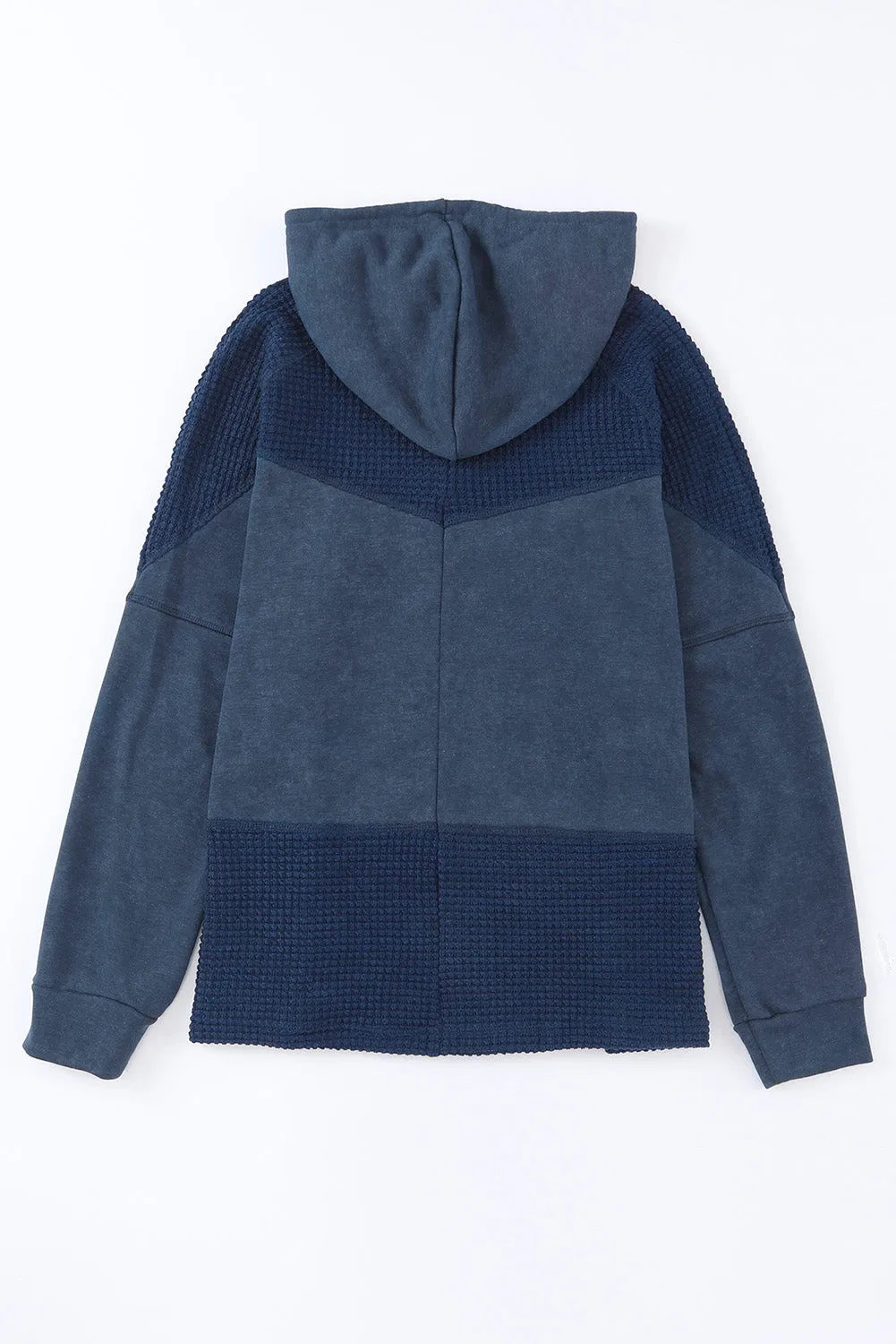 Blue Patchwork Hooded Waffle Knit Jacket for Women