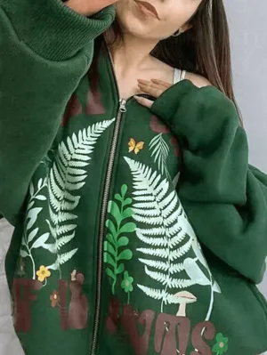 Botanical Print Green Zip-Up Hoodie