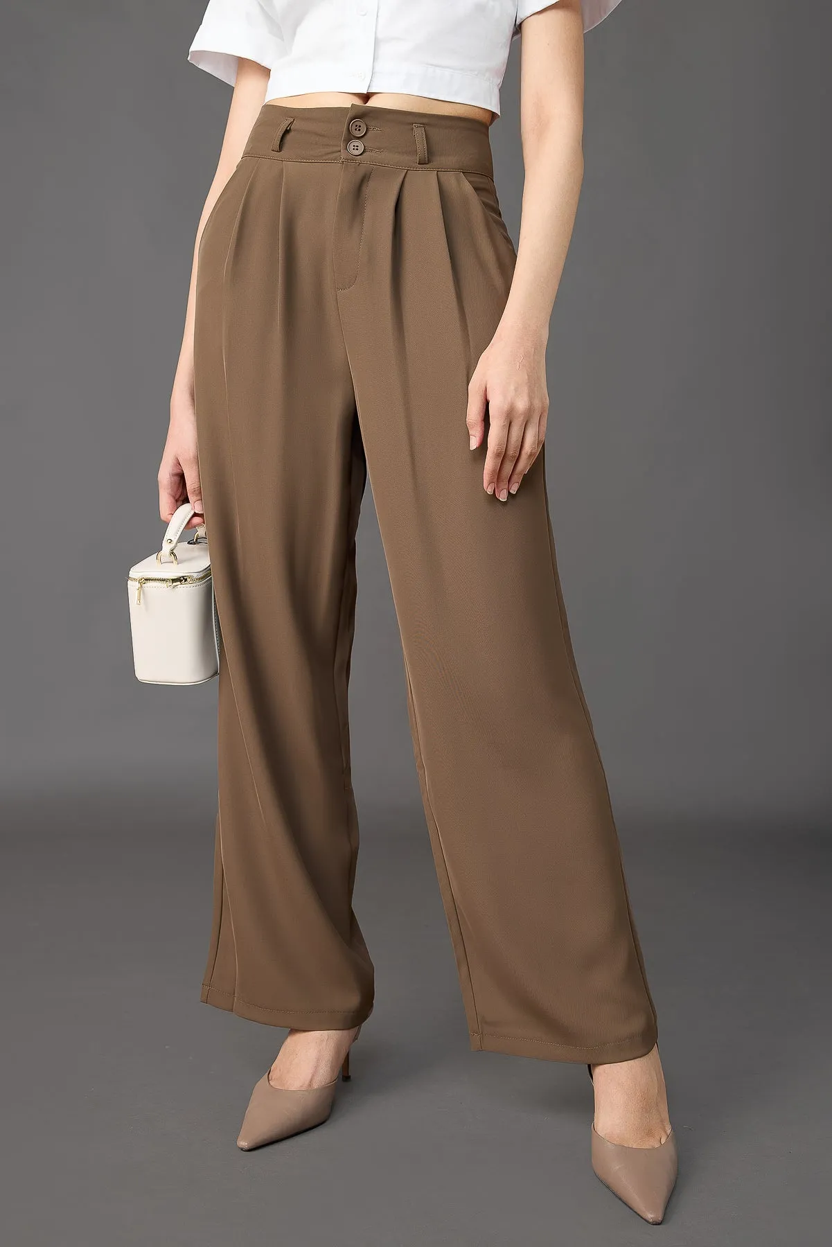 Classic Pleated Wide Leg Korean Pants - Olive Brown