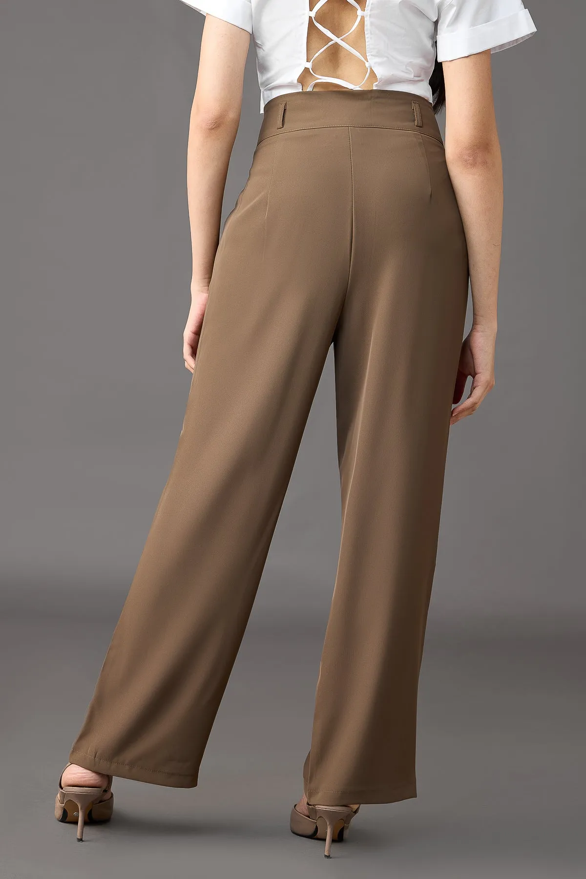 Classic Pleated Wide Leg Korean Pants - Olive Brown