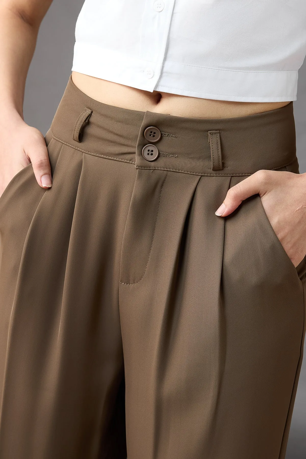 Classic Pleated Wide Leg Korean Pants - Olive Brown