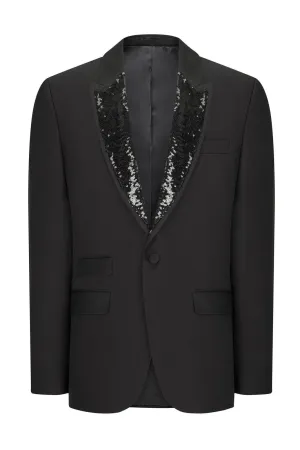 Classic Sequin Peak Lapel Tuxedo Jacket - Black