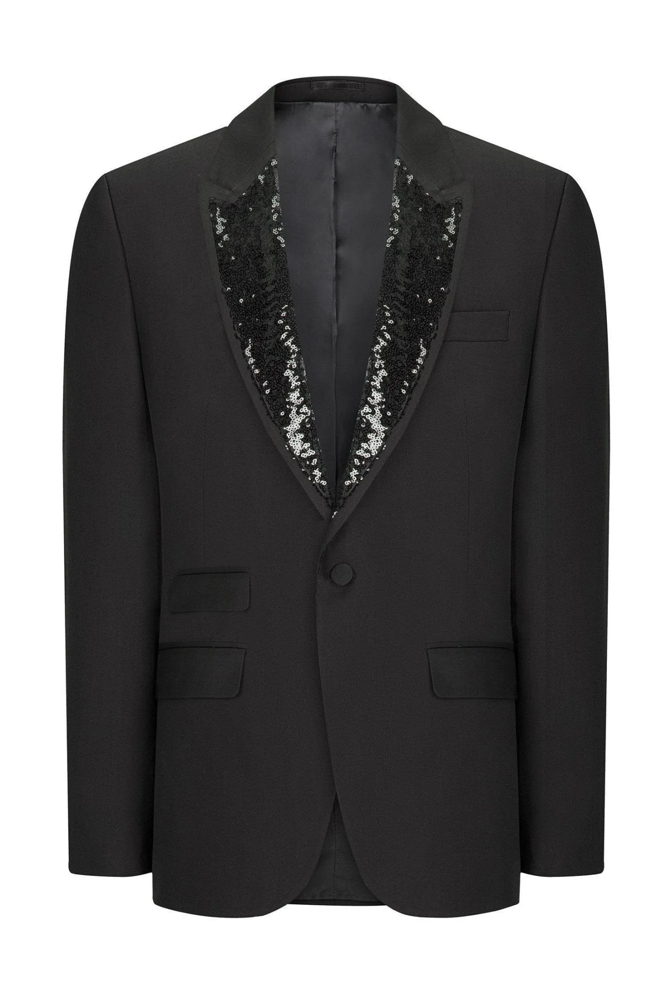 Classic Sequin Peak Lapel Tuxedo Jacket - Black