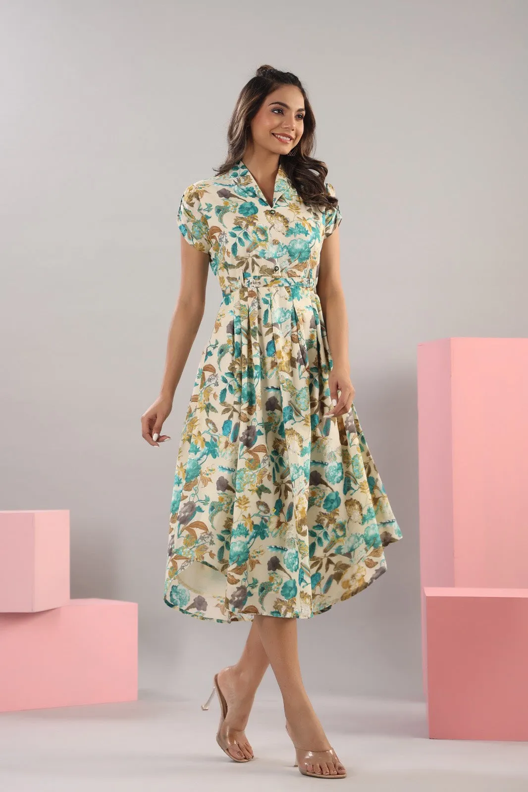 Flower Bouquet  On Cotton Midi Dress