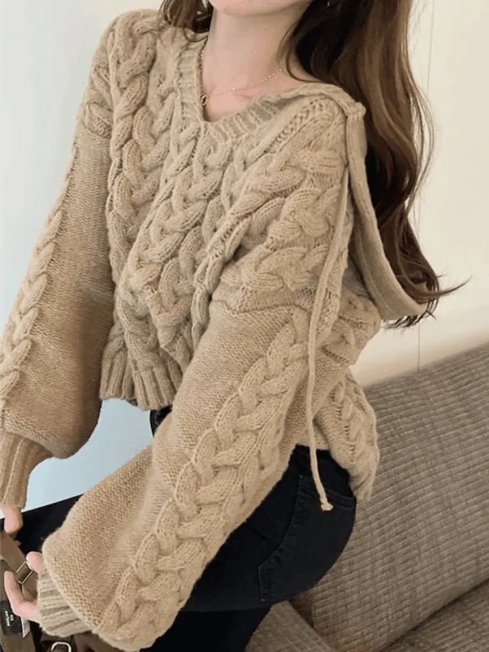 Hooded Cable Knit Pullover Sweater