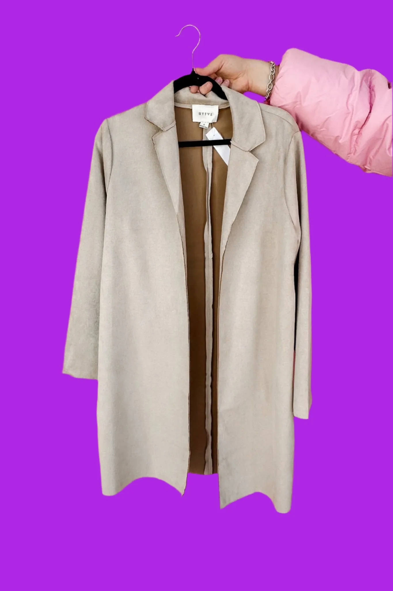 Light Mocha Suede Lapel Collared Long Jacket