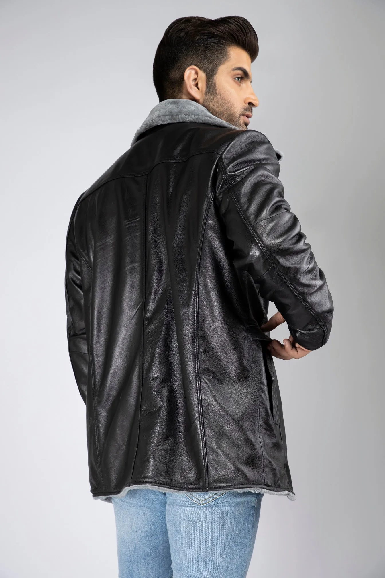 Mens Chaz Front Button Faux Fur Lined Leather Coat