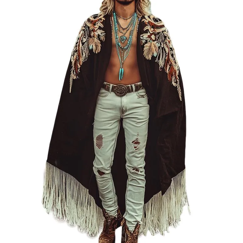 Men's Vintage Casual Linen Eagle Feather Embroidered Cape 86542346TO