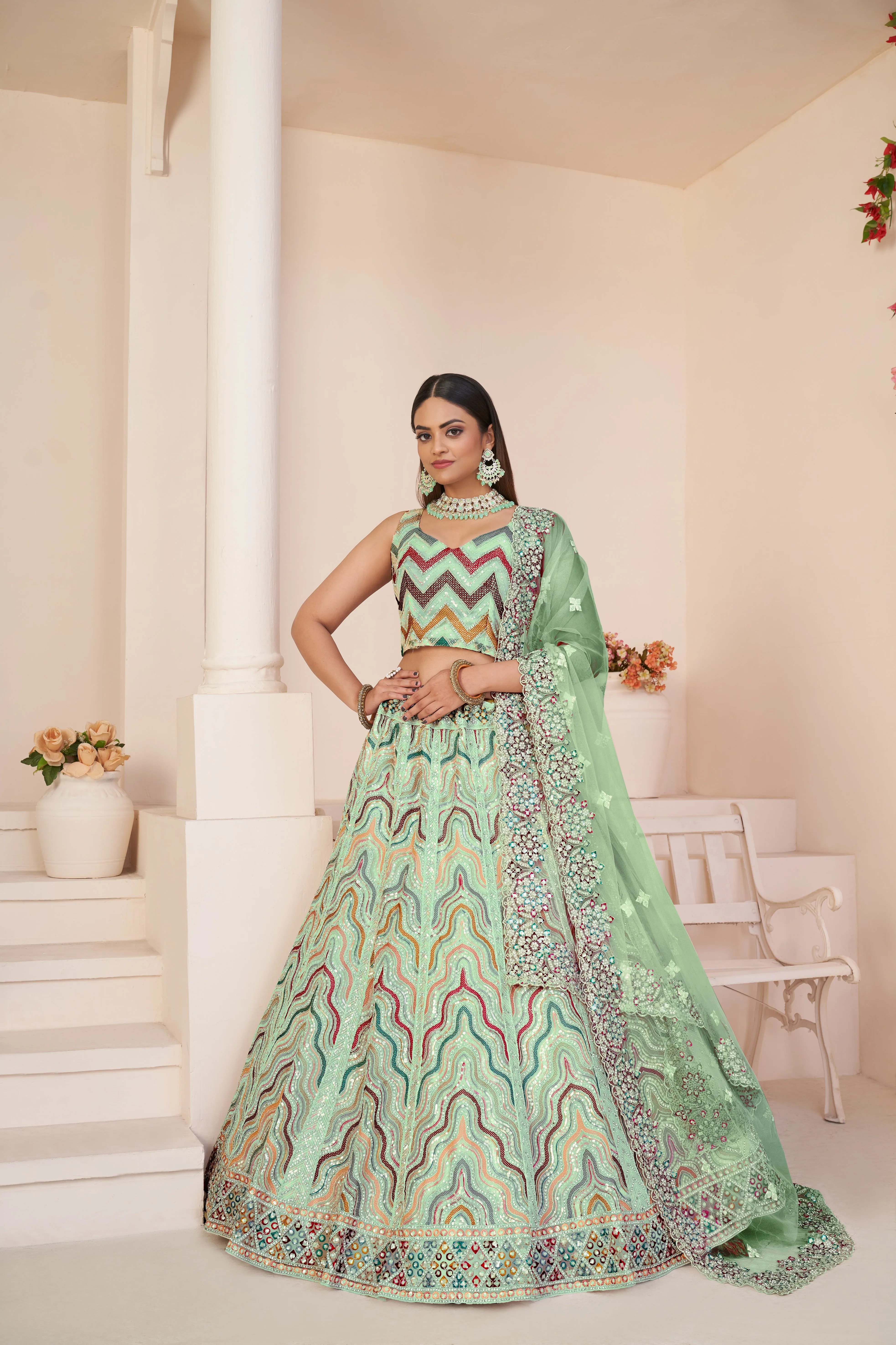 Mesmerizing Green Party Wear Lehenga Choli Set