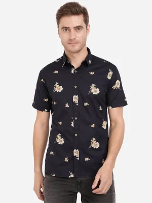 Night Blue Printed Slim Fit Semi Casual Shirt | Greenfibre