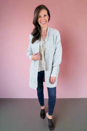 Oversized Heather Grey Wool Blended Lantern Sleeve Cardigan