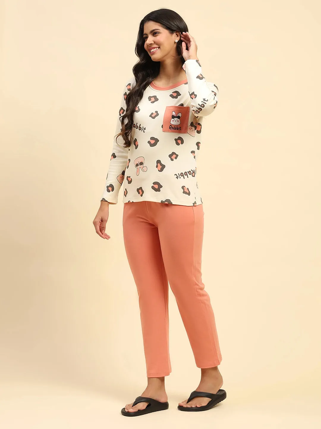 Peach Printed Cotton Relaxed Fit Night Suit