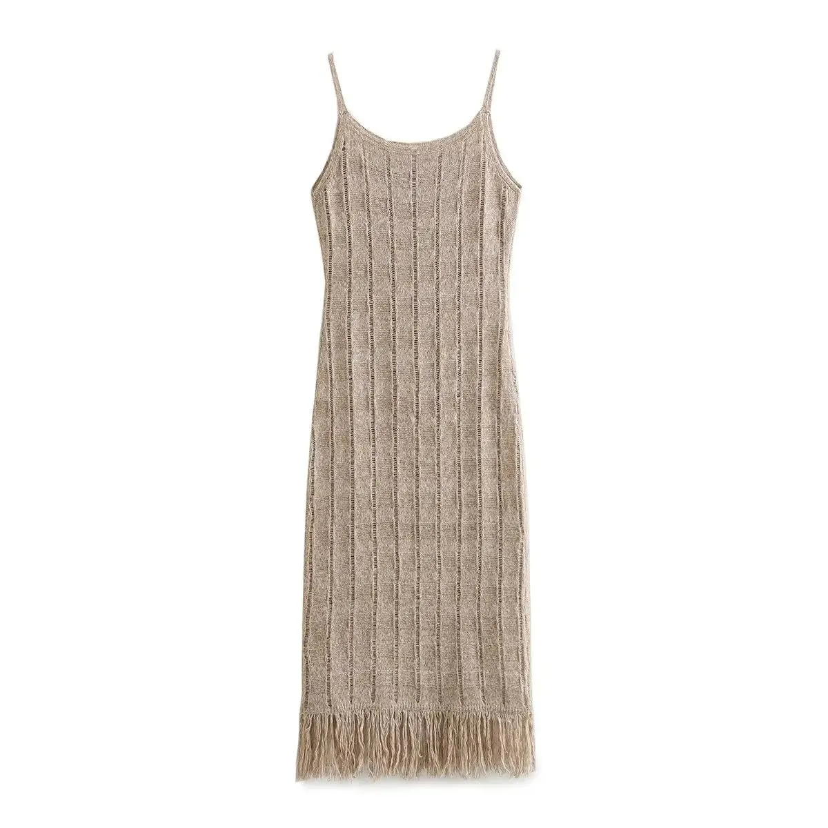 Pre Order:  Textured Sleeveless Fringe Midi Dress