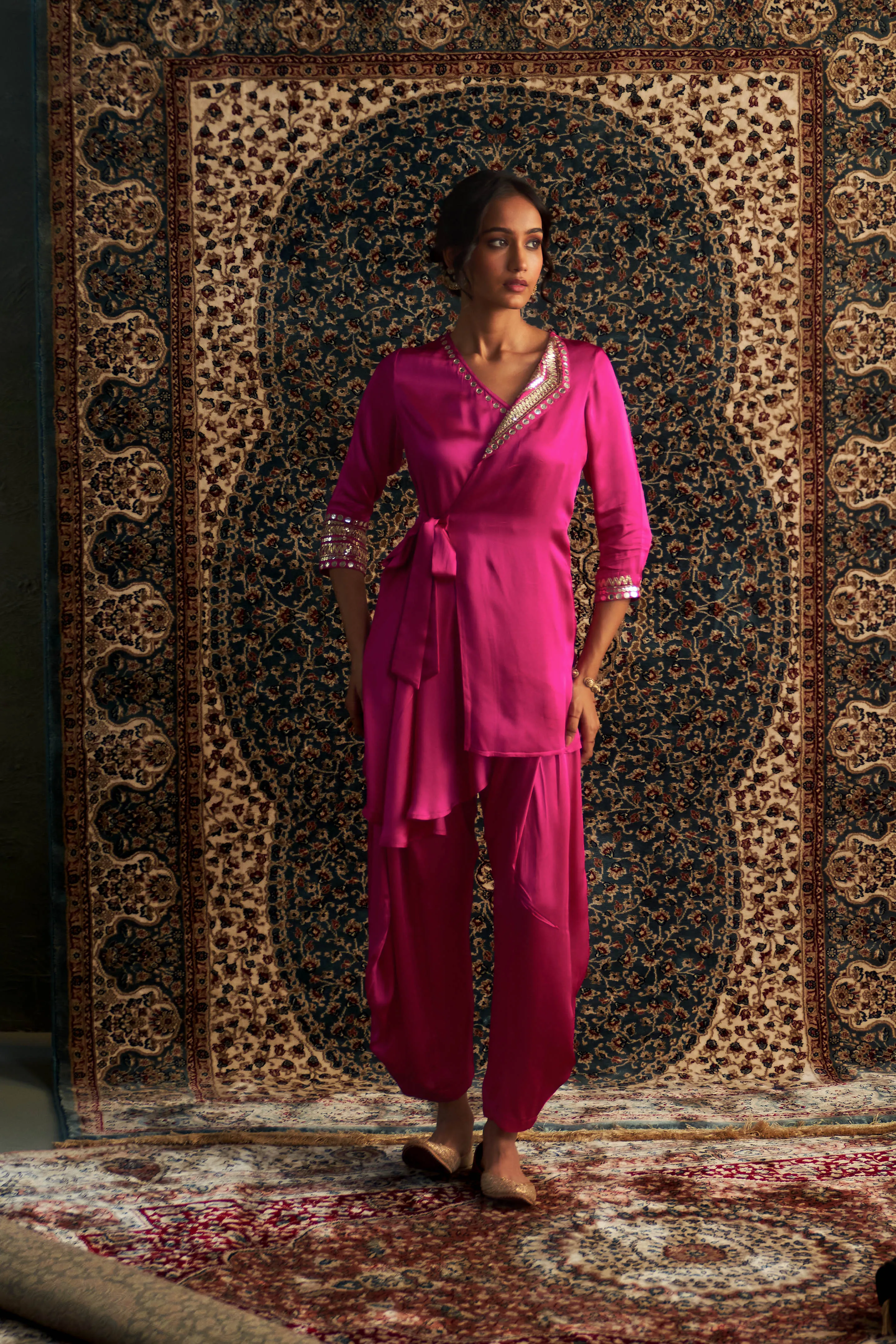 Rani Pink Embroidered Wrap Co-ord Set