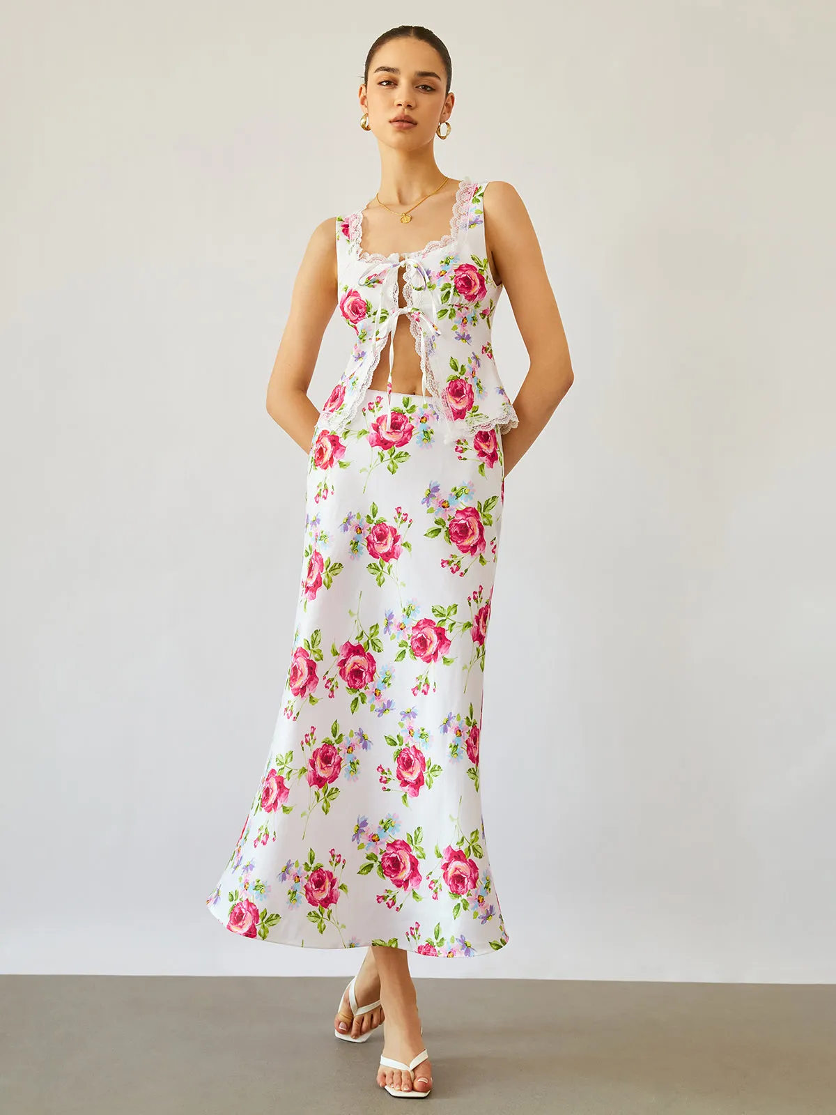 Rose Bush Flowy Trendy Floral Midi Skirt