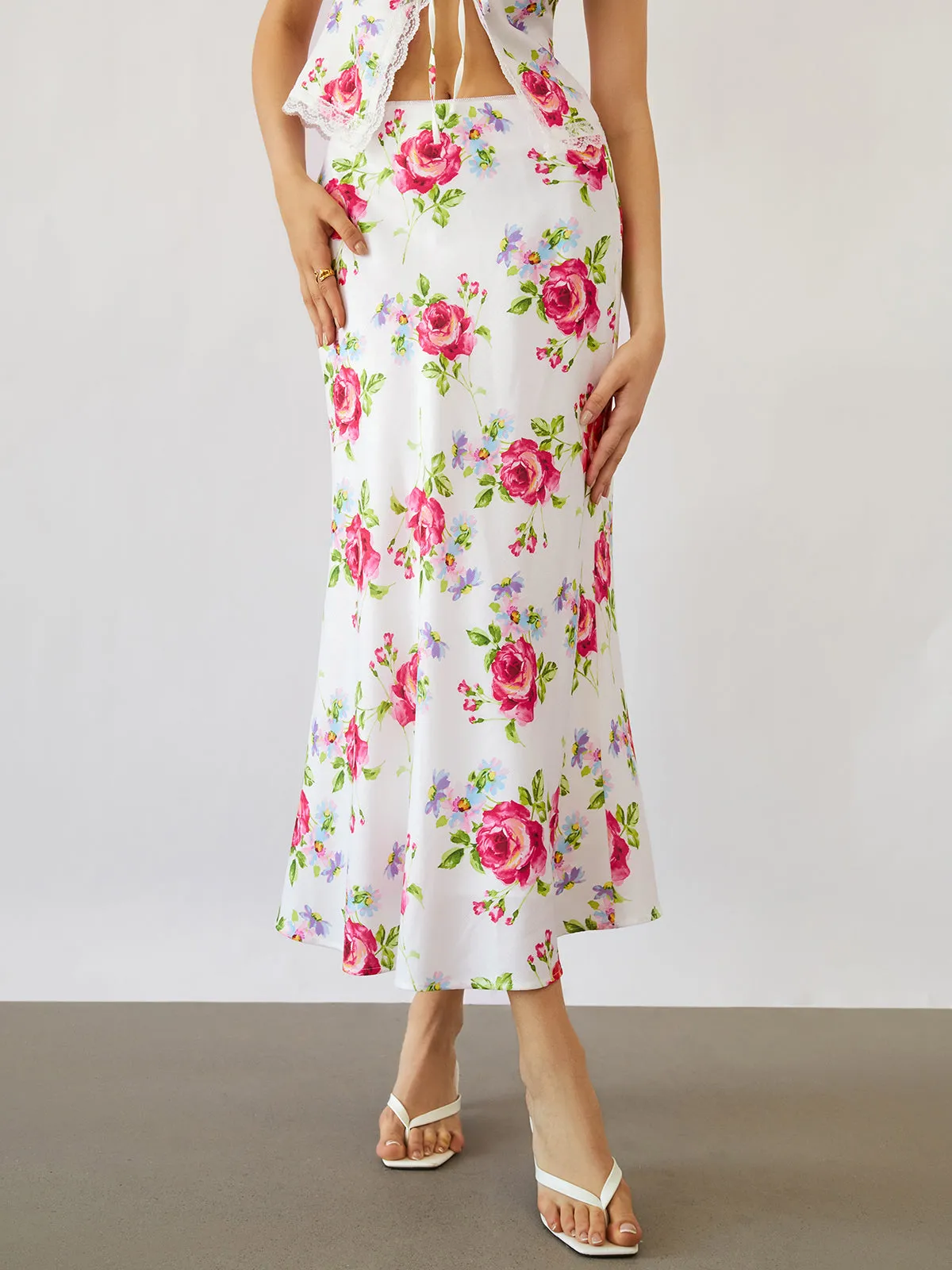 Rose Bush Flowy Trendy Floral Midi Skirt