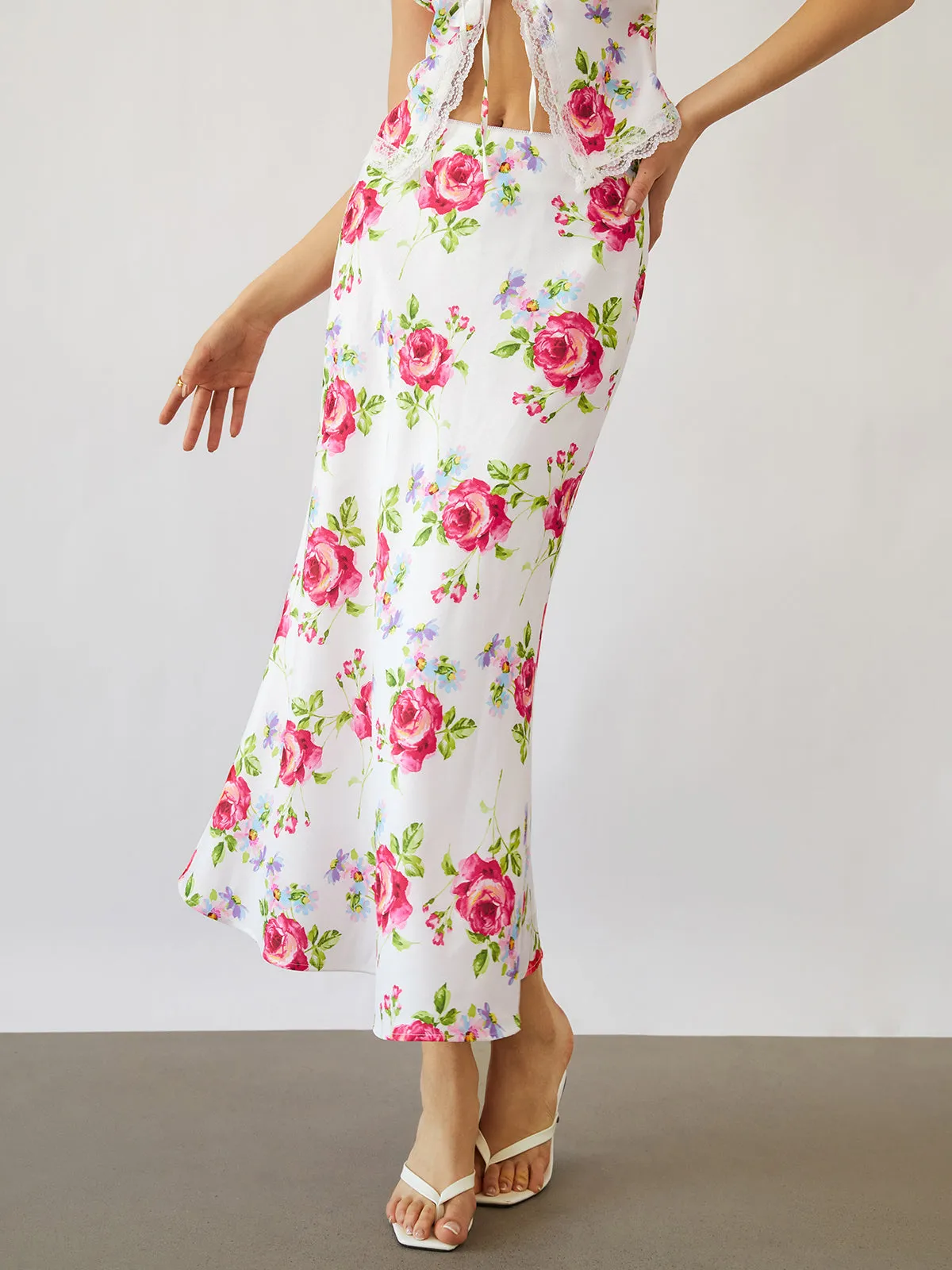 Rose Bush Flowy Trendy Floral Midi Skirt