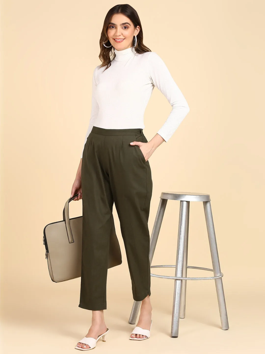 Soft Cotton Solid Color Pant - Olive Green