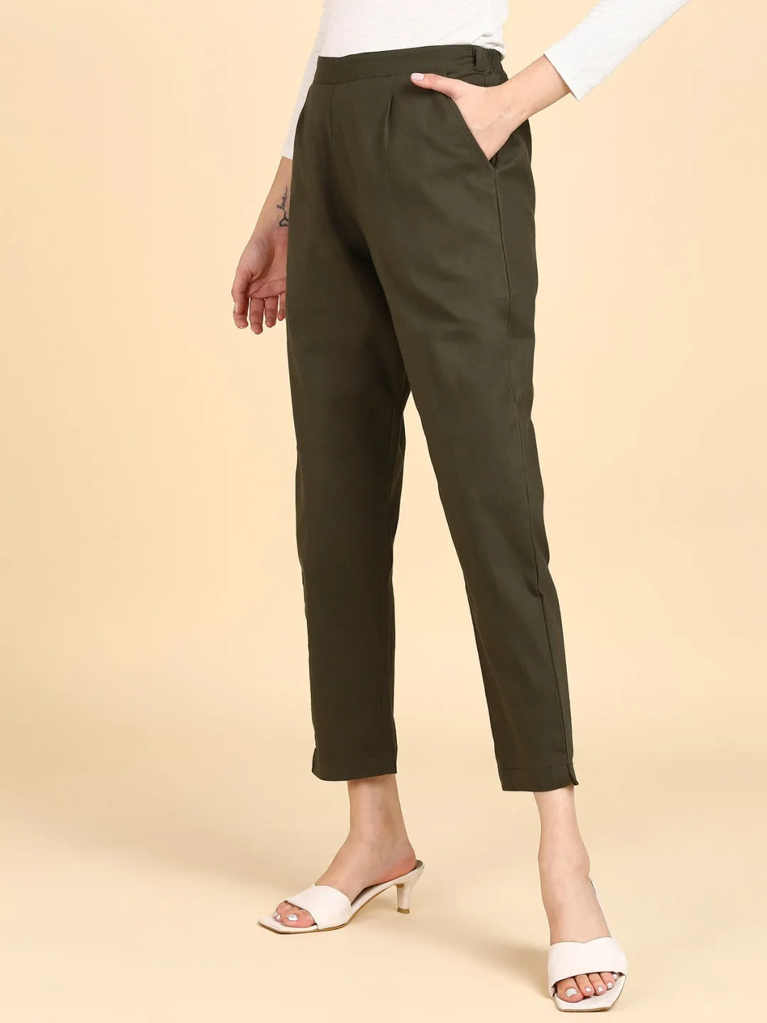 Soft Cotton Solid Color Pant - Olive Green