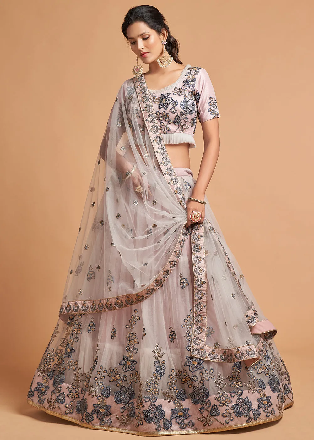 Soft Grey Stylish Embroidered A Line Lehenga Choli