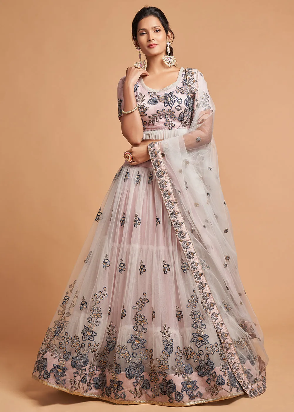 Soft Grey Stylish Embroidered A Line Lehenga Choli