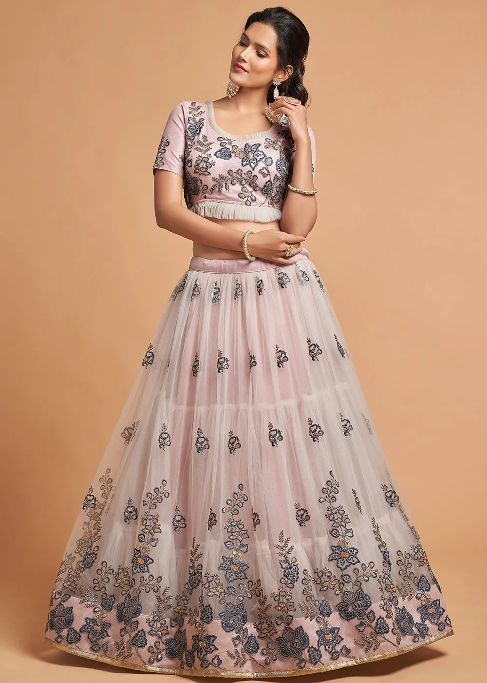 Soft Grey Stylish Embroidered A Line Lehenga Choli