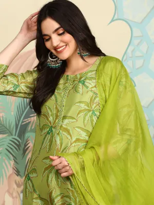 Soft Lime Green Printed Kurta Set with Straight Bottom and Sheer Dupatta