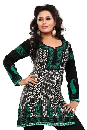 Stylish Indian Kurti Dress - Black with Green Patterns