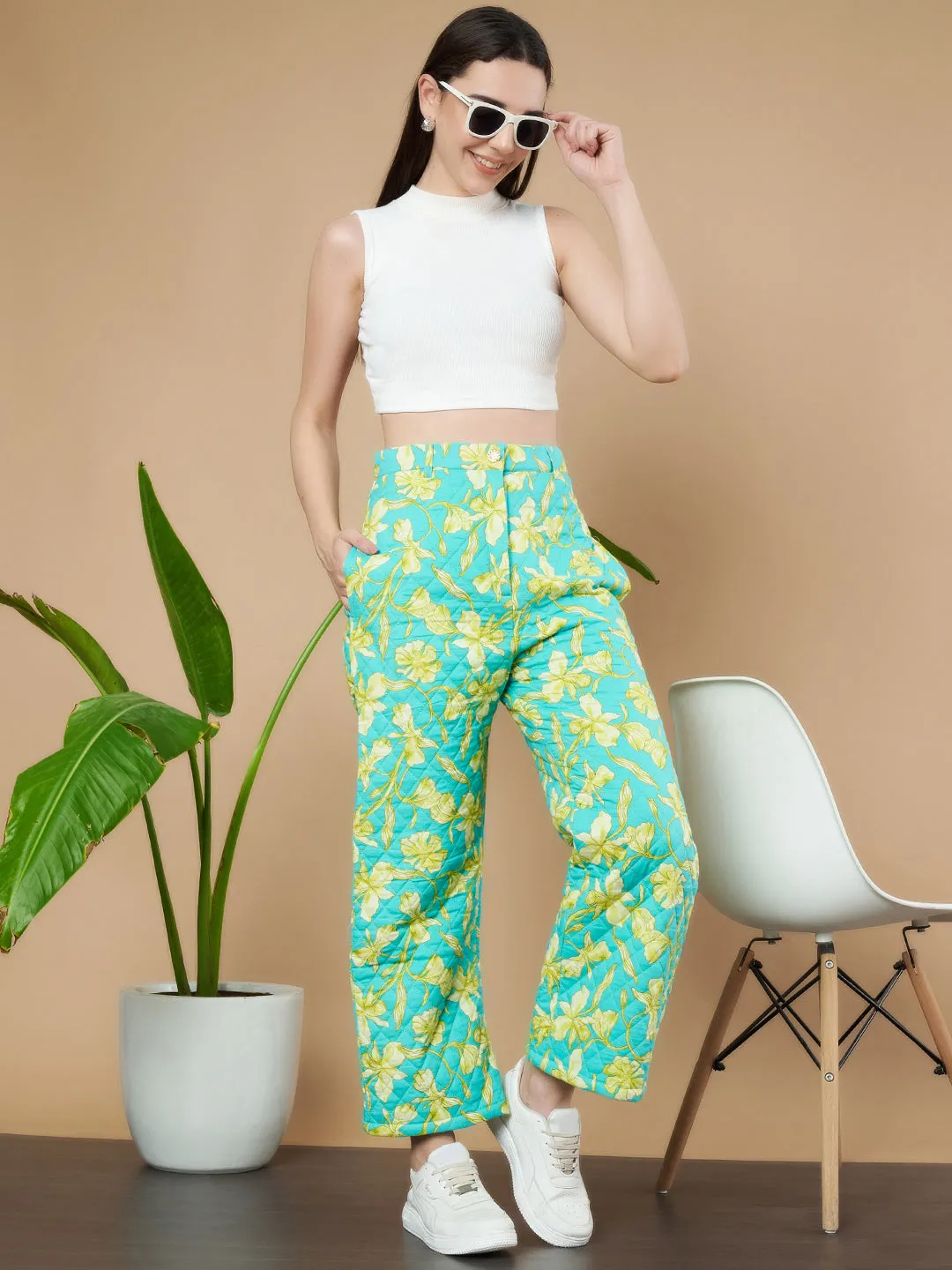 Turquoise Floral Quilted Trouser for Women