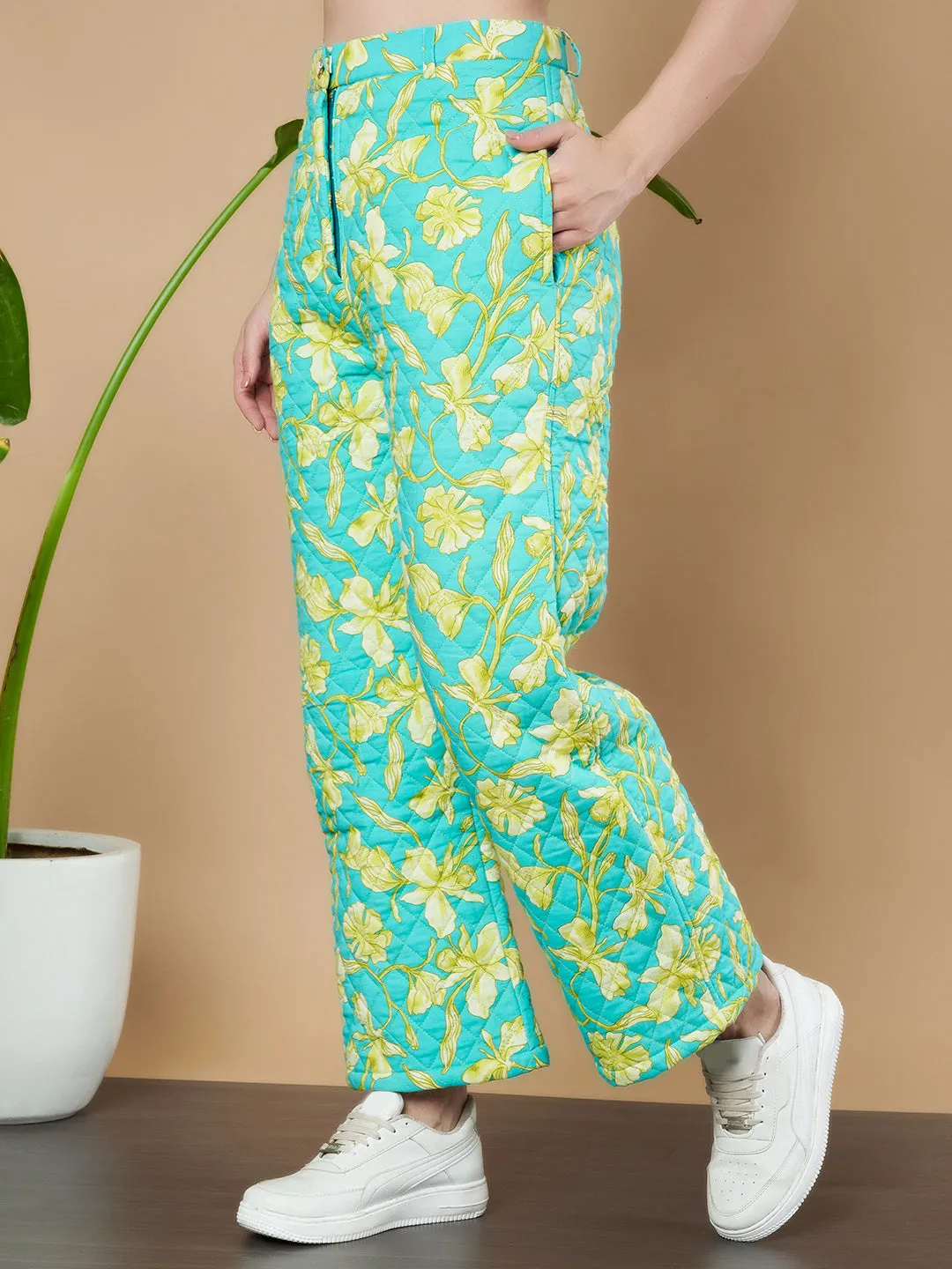 Turquoise Floral Quilted Trouser for Women