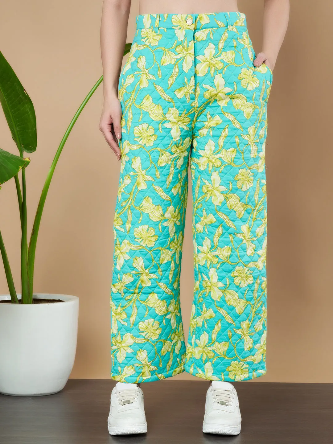 Turquoise Floral Quilted Trouser for Women