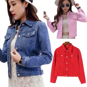 Women Autumn Denim Short Streetwear Blue Long Sleeve Pockets Fashion Jackets Outwear