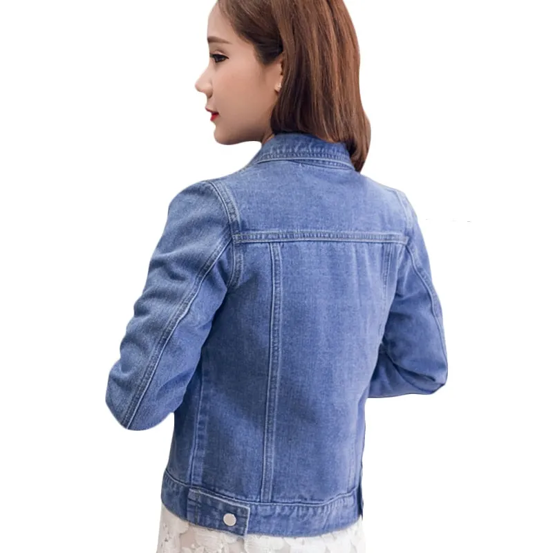 Women Autumn Denim Short Streetwear Blue Long Sleeve Pockets Fashion Jackets Outwear