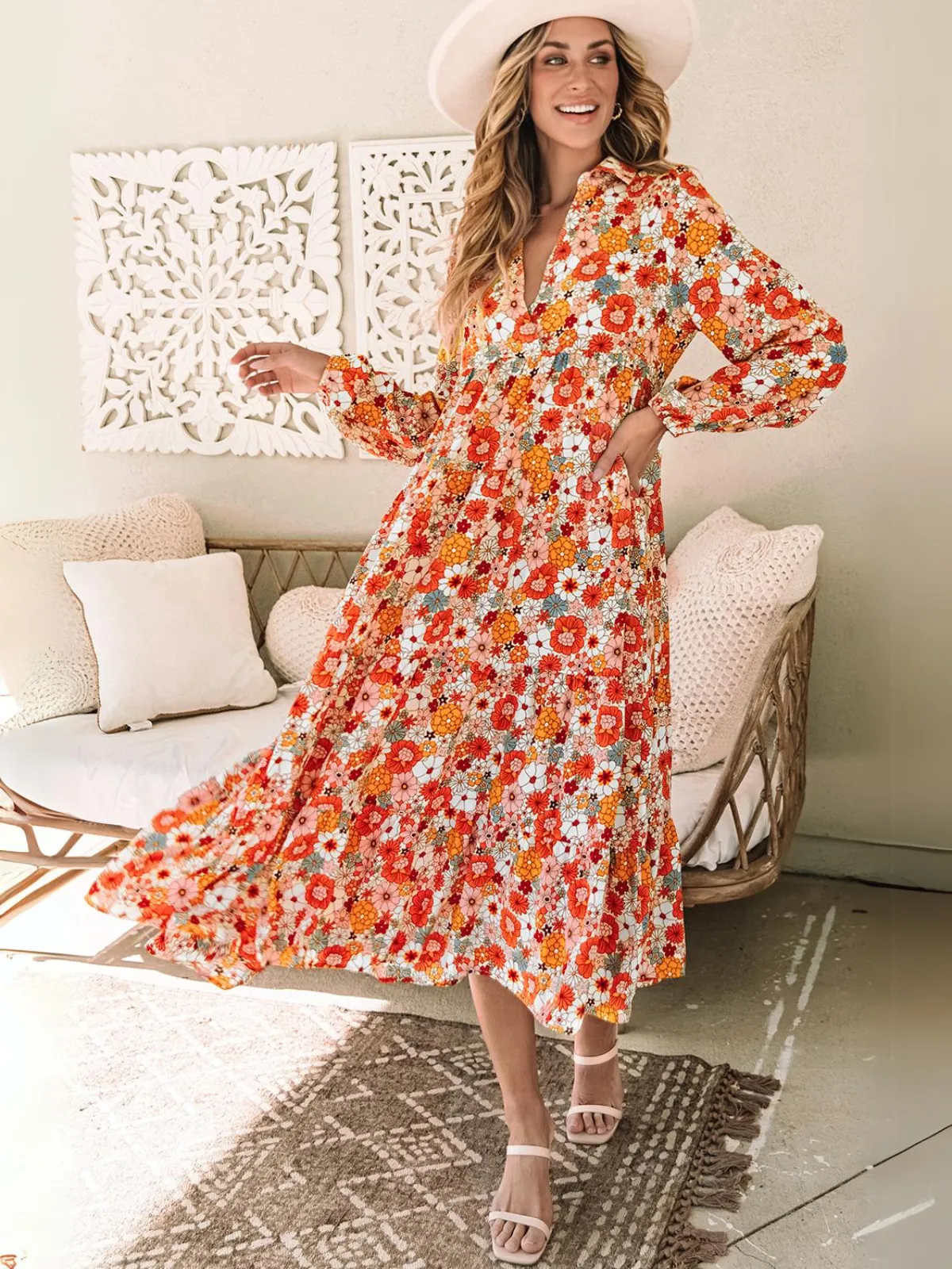 Womens Boho Floral Collared Long Sleeve Ruffled Dress