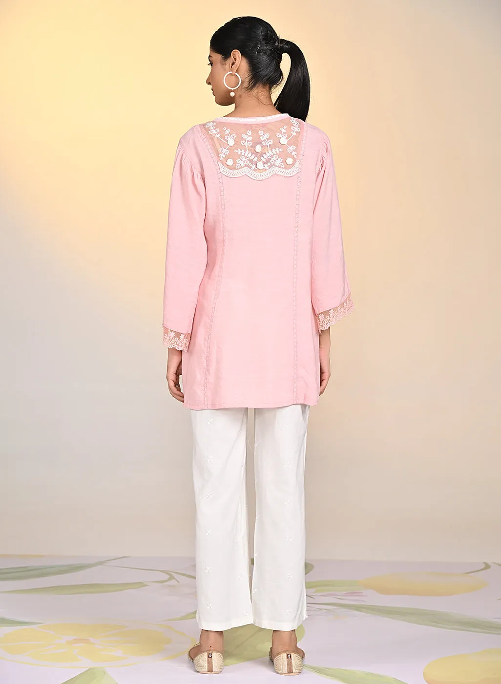 Zareen Watermelon Pink Embroidered Satin Top For Women