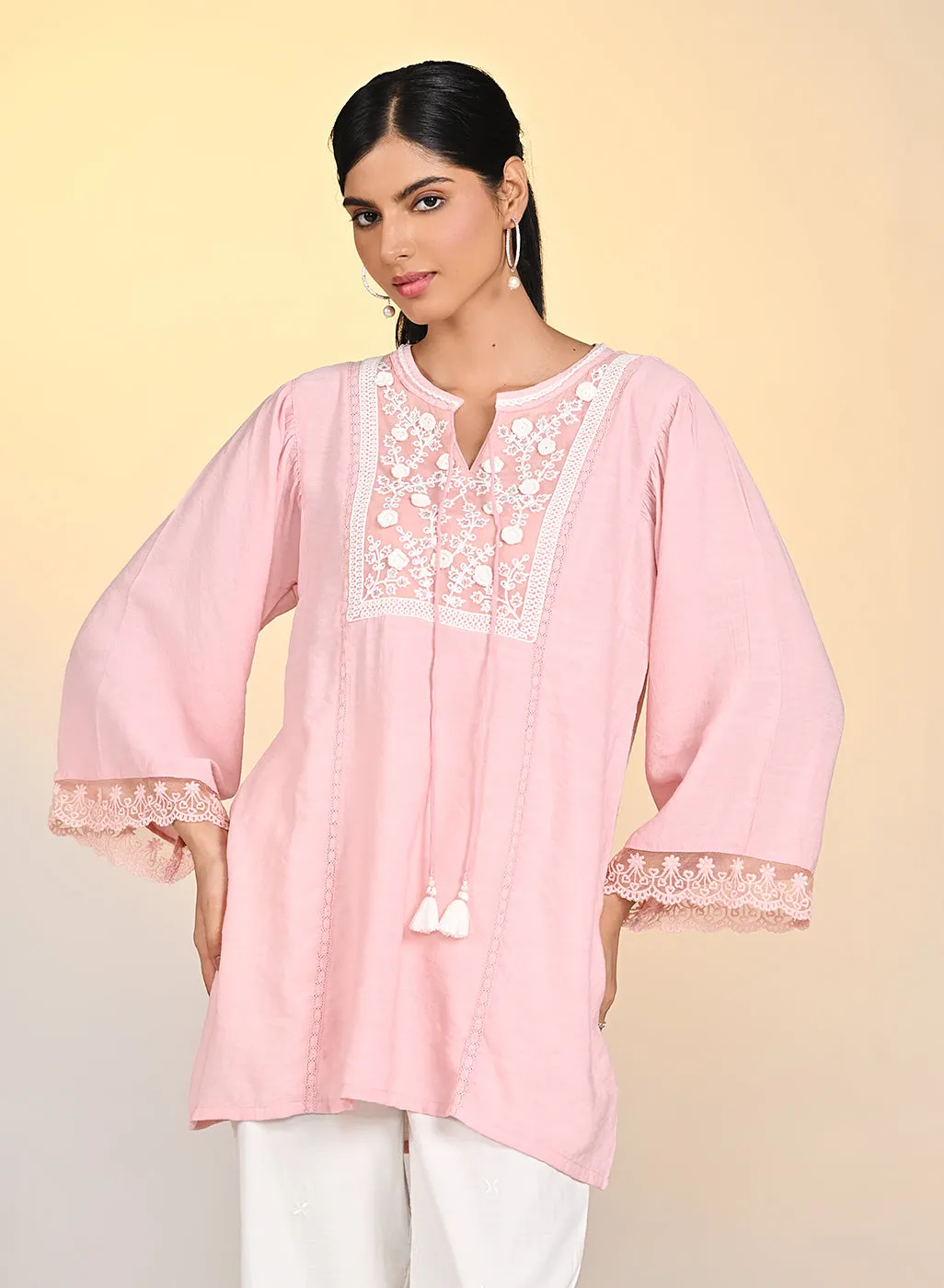 Zareen Watermelon Pink Embroidered Satin Top For Women