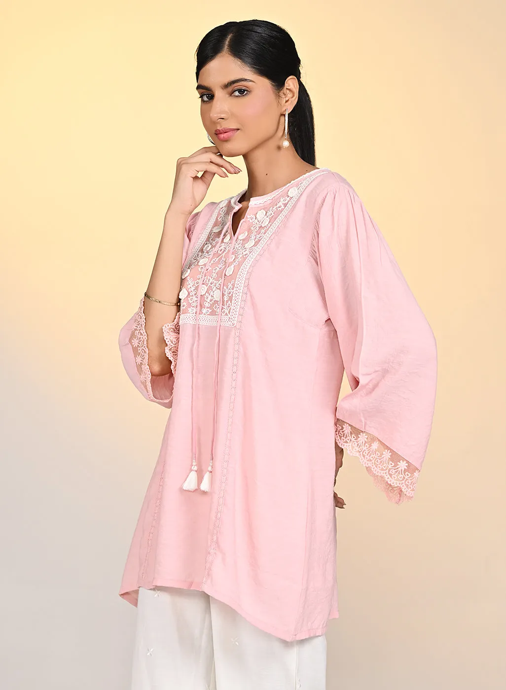 Zareen Watermelon Pink Embroidered Satin Top For Women